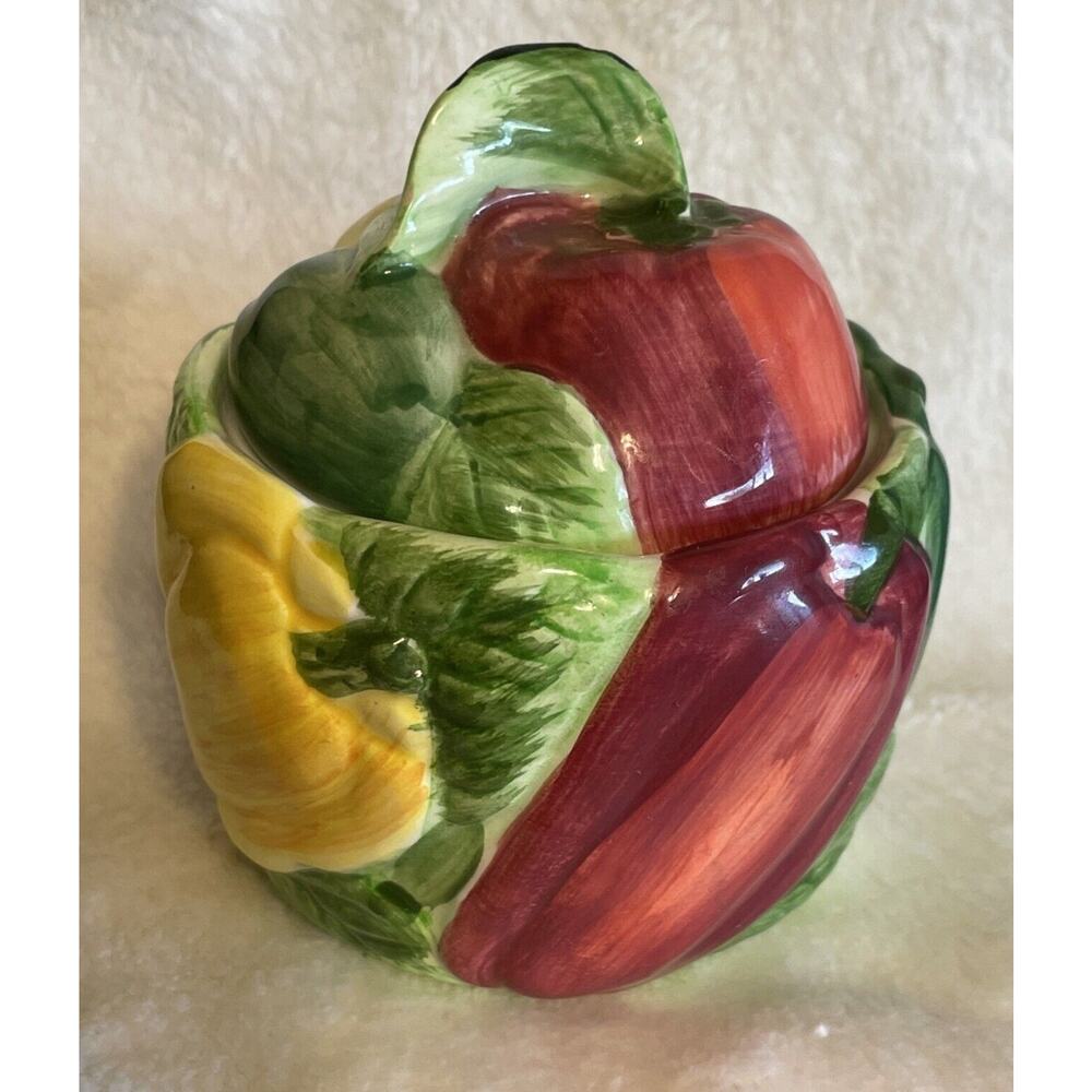 Otagiri Japan Sugar Bowl With Leaf Lid Peppers Hand Painted 4.5in Tall